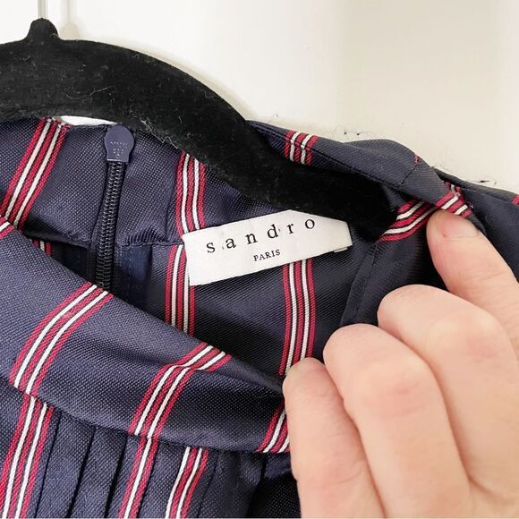 Sandro Respect Striped Navy Red White Pleated mini Dress FR38/US 6 long sleeve - Picture 3 of 12